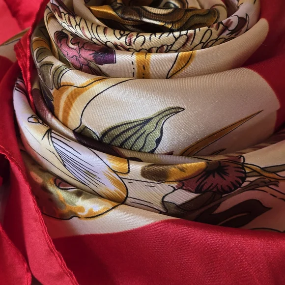 Vintage Silk Floral Square Scarf 35x35 Red Beige Botanical - Picture 4 of 15